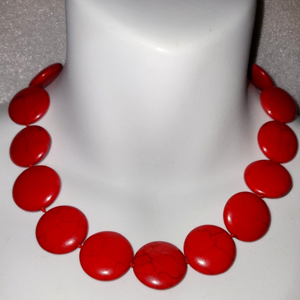 Vintage Red Dyed Howlite Disc Choker / Necklace